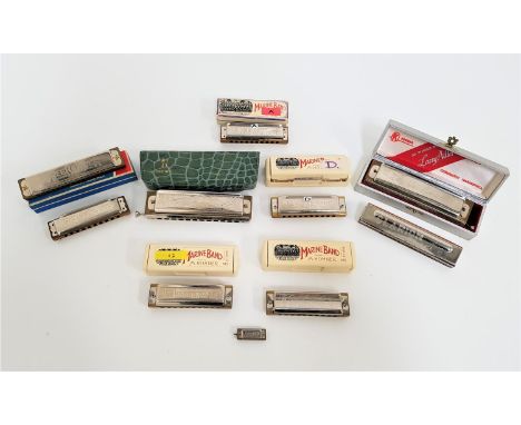 TEN VARIOUS HARMONICAScomprising The Super Chromonica Harmonica by M Hohner; three Hohner Blues Harps; a Hohner Marine Bank; 