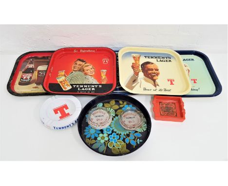 SELECTION OF VINTAGE AND OTHER BRANDED METAL TRAYSincluding three Tennents Lager, Harp Lager, Piper Export and a circular flo