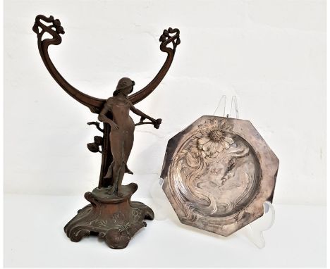 ART NOUVEAU WHITE METAL OCTAGONAL TRINKET DISHwith repoussé decoration of a girl with flowers in her flowing long hair, 15.2c