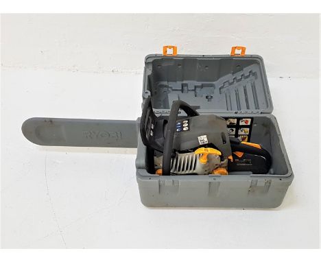 RYOBI CHAIN SAWwith a 2 stroke engine and 35cm blade now lacking chain, in a hard shell carry case, model RCS3535CA 