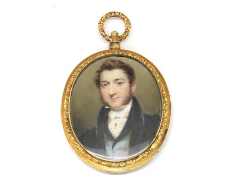 James Heath Millington (Irish,1799-1872) Portrait of a gentleman wearing a black coat and pale blue waistcoat signed and date