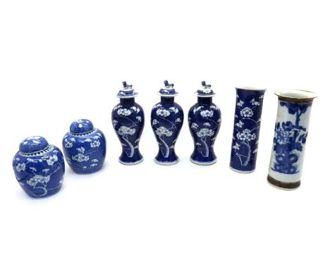 A collection of Chinese blue and white,late 19th century, comprising: three baluster vases and covers, a pair of jars and a c