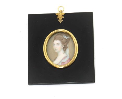 English School, late 18th centuryPortrait of a lady wearing a pink dress with a white silk headscarfon ivory, oval 5 x 4cm, i