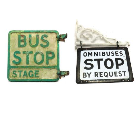 A cast iron vintage 'Bus Stop' sign,painted in green and cream, 30.5cm x 30.5cmtogether with a similar enamel example,in blac