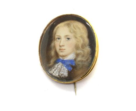 Attributed to H. Byrne (fl., c.1678)Portrait of a young boy wearing a lace cravat and blue ribbonon vellum, oval2.8 x 2.4cm, 