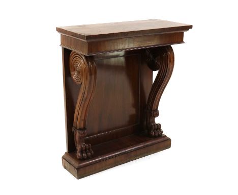 A mahogany console table,19th century, the plain top over cabriole supports terminating in paw feet, on a plinth base,72cm wi