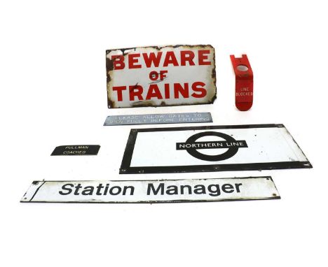A collection of railway signs, to include a vintage enamel sign 'Beware of Trains' 23 x 42cm, a Northern line sign, 23 x 50cm