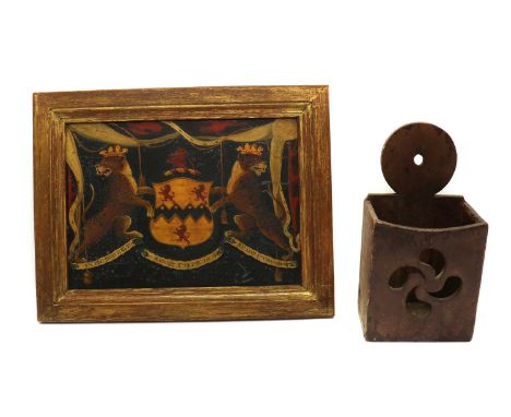 A painted candle box,late 18th to early 19th century, Irish, with a pierced front,15.5cm wide30cm hightogether with a painted