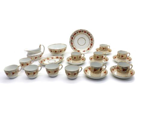 An English porcelain part tea service, c.1800, in the manner of Coalport, comprising a footed bowl, 16cm diameter, a side pla