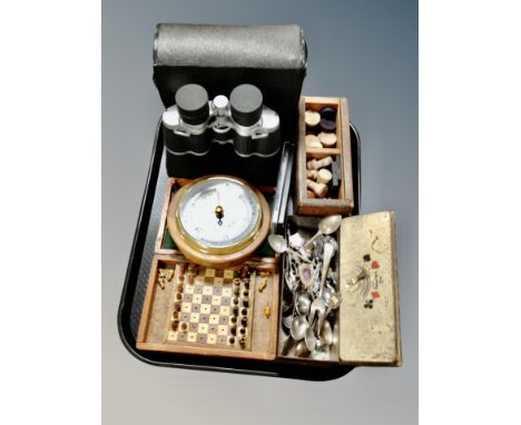 A tray of wooden chess pieces and dominoes in box, travel chess set, crested spoon, barometer, cased 10 x 50 field glasses 