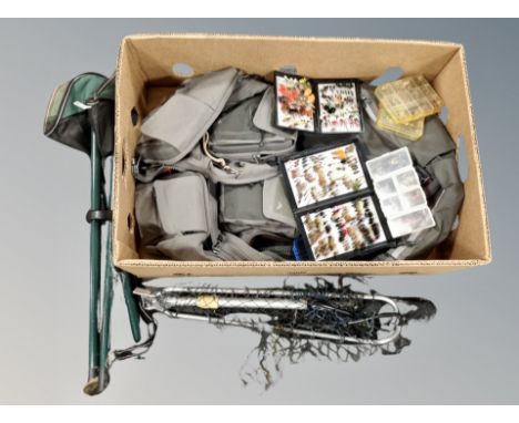 A Simms fishing gillet size XXL together with cases containing fishing flies, landing net and folding tripod stool 