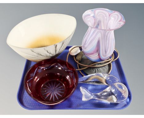 An Art glass bowl, Bohemian crystal bowl, glass dolphin and whale, Deco style table lamp 