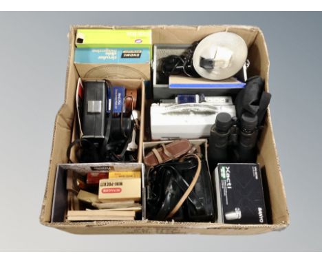 A box of vintage photographic equipment, cameras, traveller binoculars etc 