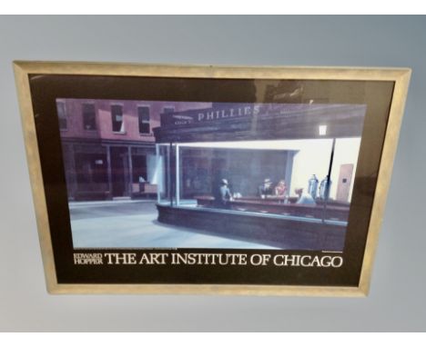 An Art Institute of Chicago gallery poster in frame, Nighthawks by Edward Hopper