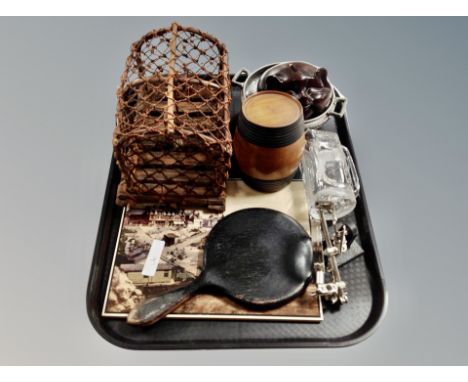 Tray of mini lobster pot, magnifying fly tying instrument, large tile with "Cullercoats"  etc  