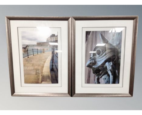 A framed photograph of a door knocker, 37 cm x 57 cm together with a framed photograph of a coastal path, both in contemporar