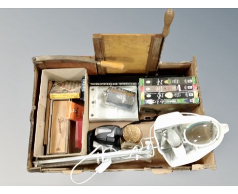 A box of vintage travel games, dominoes, angle poised reading lamp, field glasses, vintage paper guillotines, slide rule, Tol