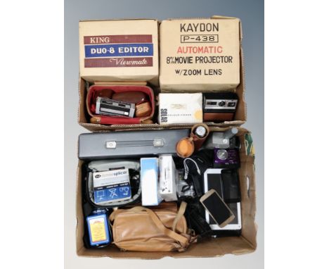 Two crates of vintage and later camera and photography equipment