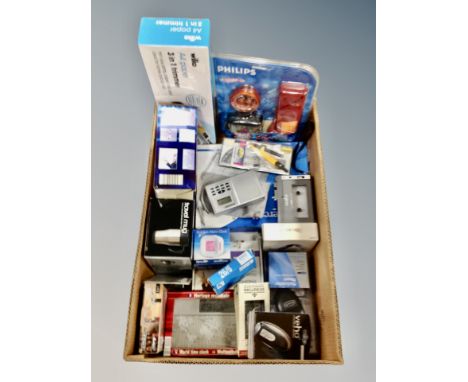 A box of travel mug, home phones, paper trimmers, wireless mouse, world clock, drawing instruments, transistor radio etc 