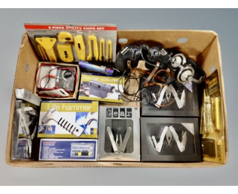 A box of assorted pocket multi tools, ratchet screw driver, utility knife set, fifteen piece tool set and a set of vintage Pi