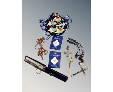 A box of assorted religious crosses, rosaries, pin badges, vintage hat pin, nail scissors etc 