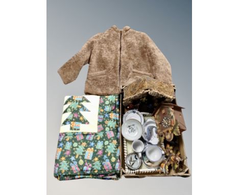 Two boxes of Christmas patchwork throw, simulated fur, nativity scene, Black Forest cuckoo clock, Highland stoneware etc 