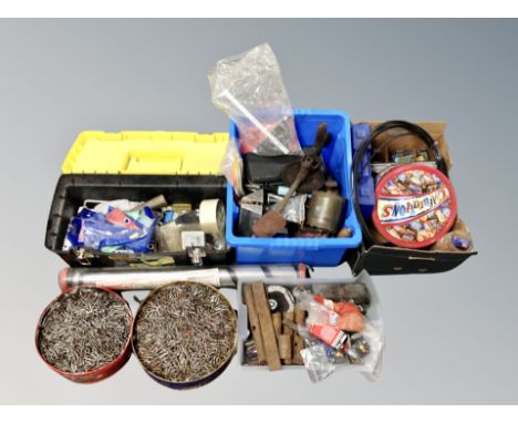 A Stanley 49 cm tool box containing hand tools together with two crates, box and two tins of hand tools, hardware etc 