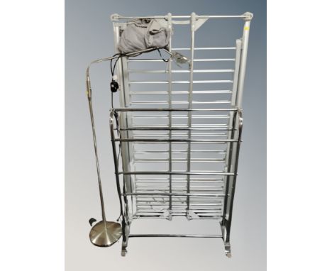 A folding heated clothes airer and chrome towel rail, angle poise reading lamp 