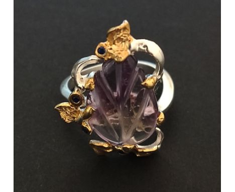 African amethyst gemstone with cubic zirconia, sterling silver on multi gold plated ring, 17x12 mm stone. Size R 1/2.