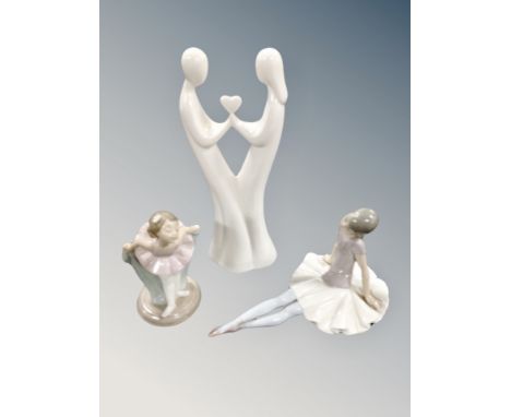 A Lladro figure of a seated ballerina, a Nao figure of a ballerina, Coalport Collectable's figures Expression of Love 