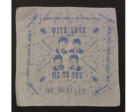 Vintage offical 1964 NEMS The Beatles Handkerchief. Printed in sky blue with images of the Beatles. In the middle of the kand