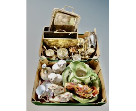 Two boxes of spaniel figures, jug and basin, plated wares, magazine rack etc 