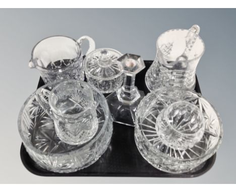 A tray of cut glass crystal fruit bowls, jugs, candlestick etc 