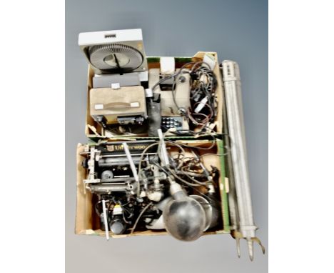 Two boxes of vintage typewriter, photography lights, easel, adding machine, projector etc 