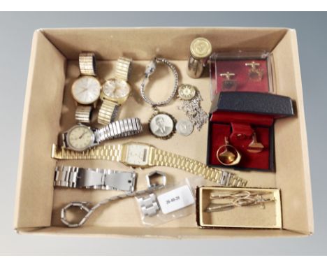 A box of cuff links, Magic Pocket savings bank, assorted watches, St Christopher pendant on chain, gent's signet ring 