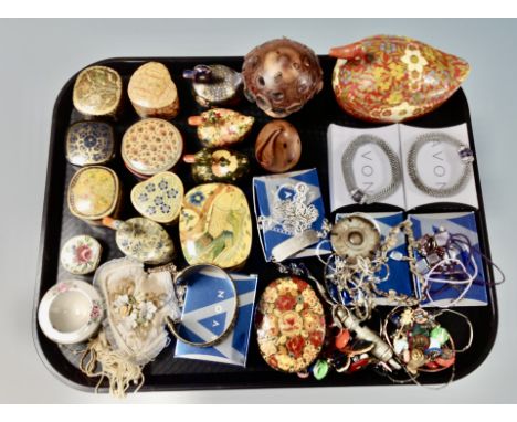 A tray of vintage whistle, costume jewellery, Avon jewellery, wooden trinket boxes etc 