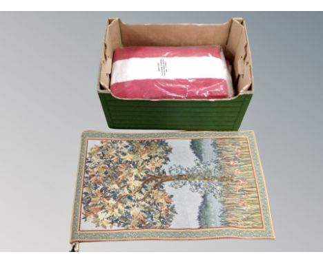 A tree of life tapestry, 46 cm x 82 cm, together with four SImply Be red and white stripped tassel throws (new)