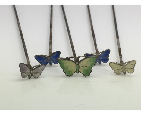 Another five silver and enamel butterfly hatpins.