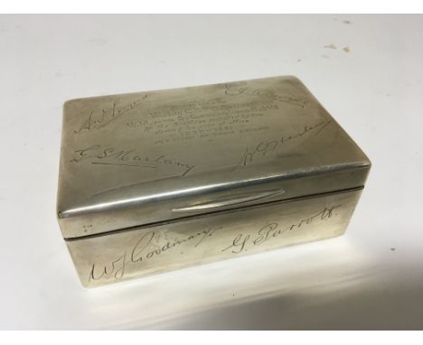 A silver cigarette box Masonic presentation with inscription and signatures dated 1920-21