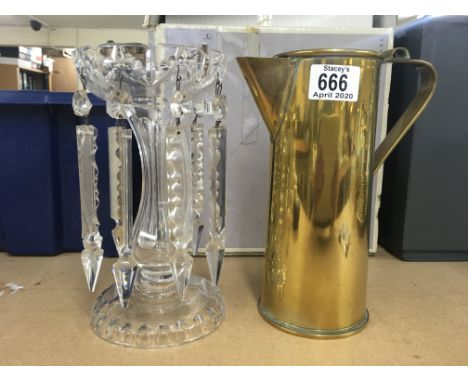 A cut crystal lustre 22.5cm and a trench art brass water jug - NO RESERVE