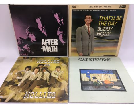 Four LPs comprising 'Aftermath' by The Rolling Stones, 'That'll Be The Day' by Buddy Holly, 'Hollies Sing The Hollies' by The