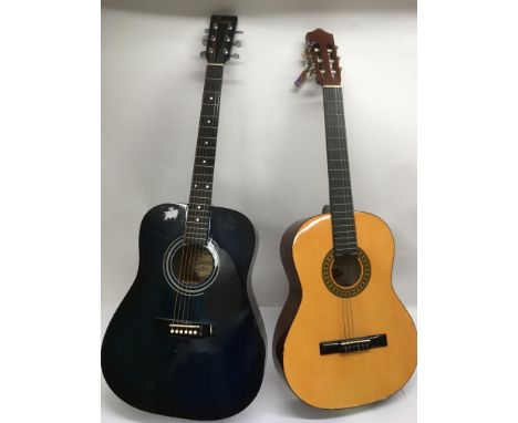 An Encore acoustic guitar with a soft carry case together with a Stagg classical guitar and soft padded carry case (2).