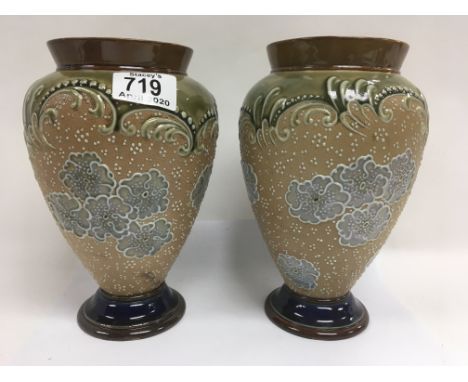 A pair of Doulton &amp; Slaters Lambeth pottery vases for the Art Union of London. 21cm - NO RESERVE