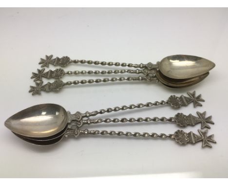 Six antique Maltese high grade silver spoons with crosses and shells to the handles, approx 43g.