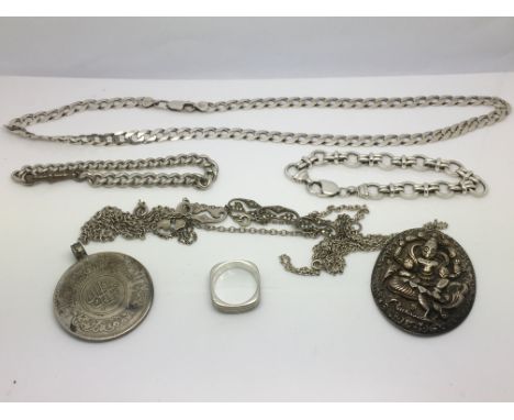 A collection of silver and white metal jewellery, approx 128g.