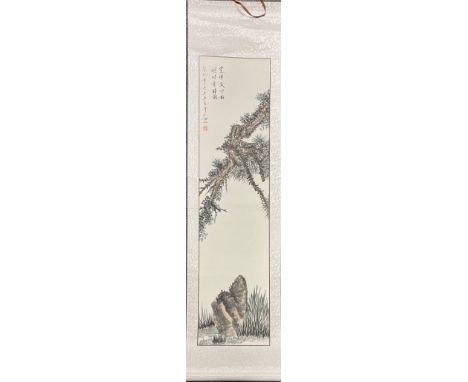 A Chinese watercolour painting of a rock beneath a tree branch, scroll size 45 x 176cm.