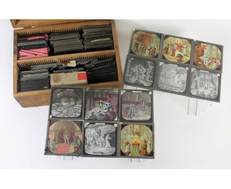 A case containing a range of vintage glass magic lantern slides To include The Pied Piper, The Freaks of a Prize Ox, The Jack