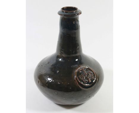 A 20th Century pottery flask in the form of a 17th Century onion wine bottleThe brown glazed body marked with seal, approx he