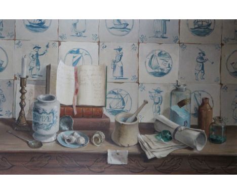 Deborah Jones (British, 1921-2012) - Study of books and objects on a shelf with Delft tile backOil on canvas, signed to centr