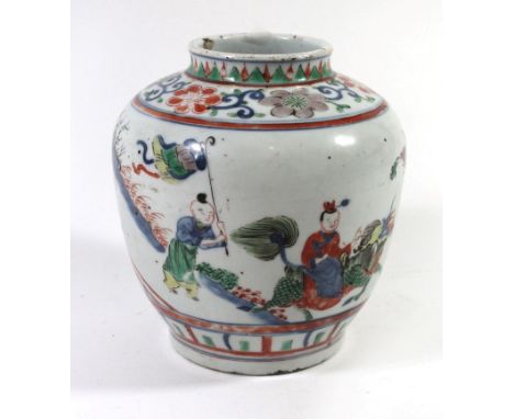 A Chinese porcelain Wucai vasePainted with figure riding lion in landscape scene, bears six character mark in double ring to 
